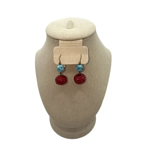 Vtg Turquoise Red Stone Wood Dangle Festival BOHO Southwestern Earrings - Picture 5 of 5